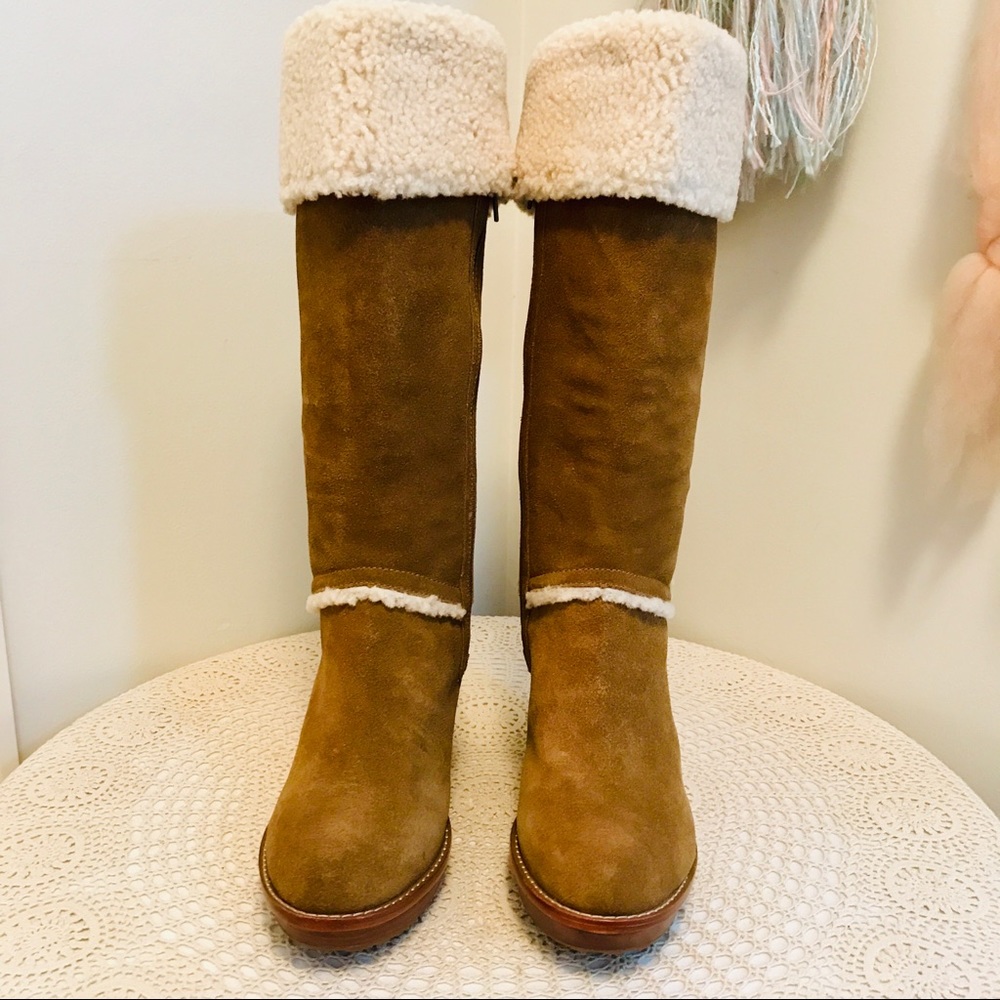 UGG Suede Leather Wedge Heel/Platform Brown Knee High Boots Size 10
